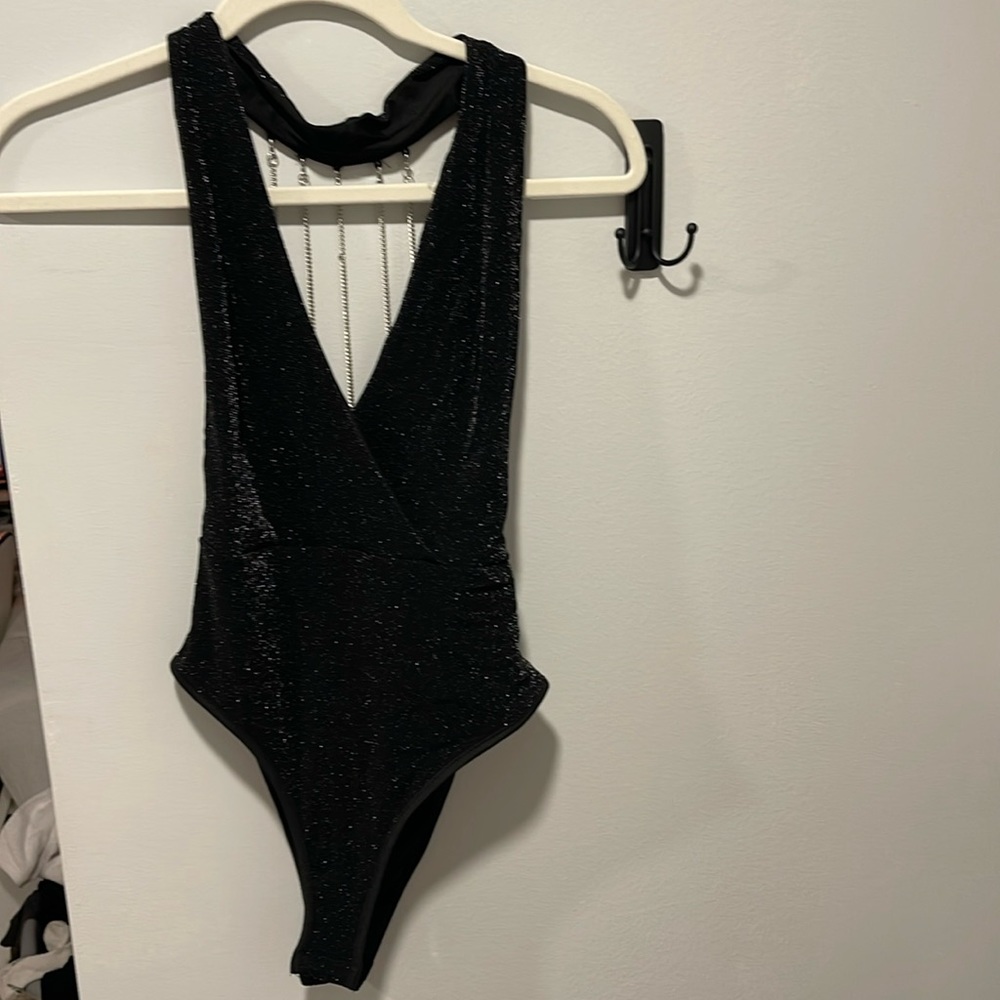 Black sparkly back lace chain bodysuit. Amazon size medium.